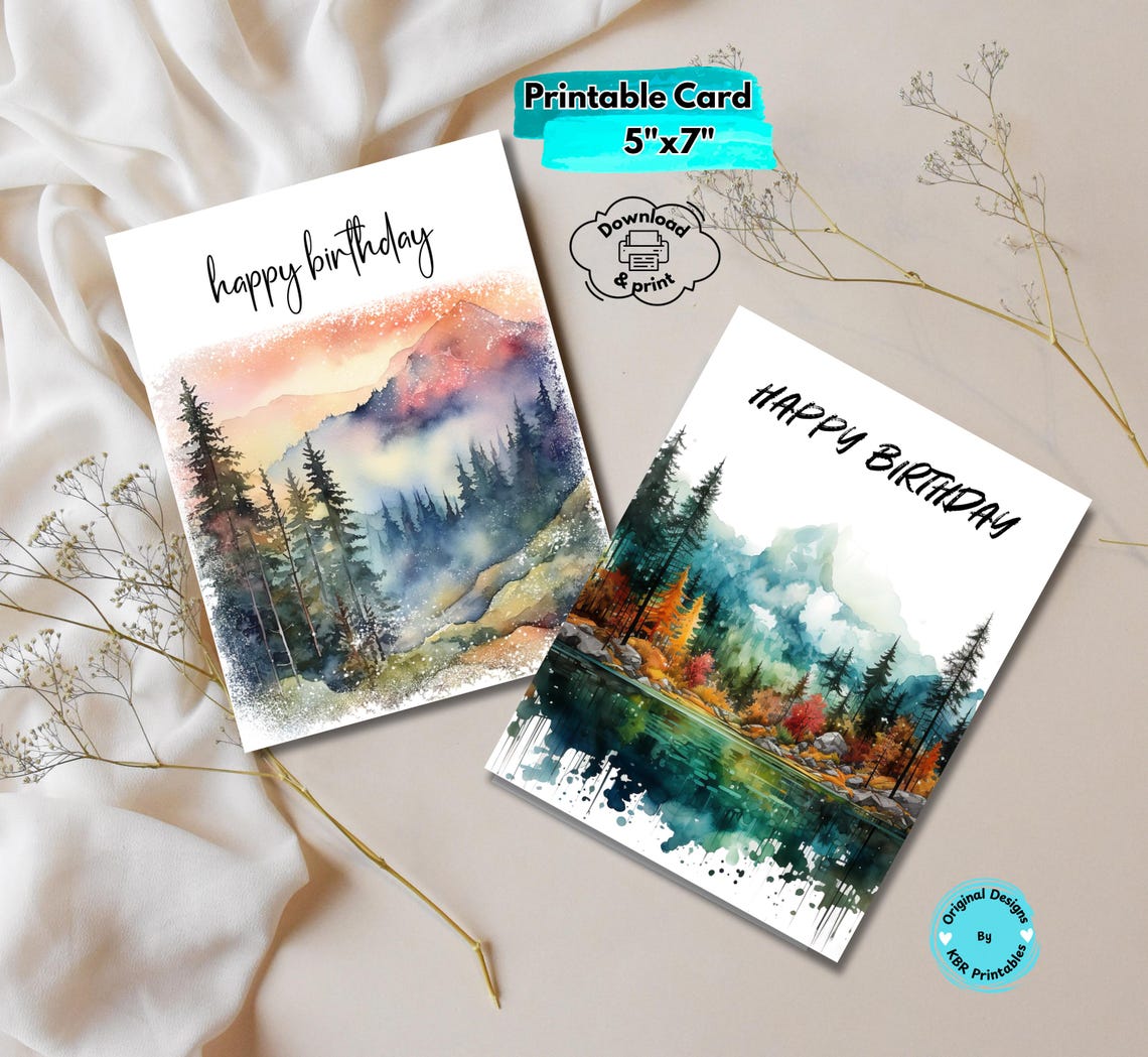 Printable Watercolor Birthday Cards 5x7 Nature Landscape Digital Cards ...
