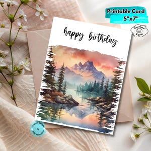 Printable Mountain Birthday Card Digital Download Nature-Inspired Hiking Birthday Card Camping Adventure Greeting for Outdoorsy Celebrations