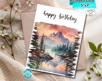 Printable Mountain Birthday Card Digital Download Nature-Inspired Hiking Birthday Card Camping Adventure Greeting for Outdoorsy Celebrations