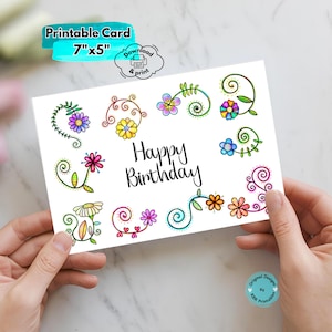 Cartão de aniversário para impressão digital, download de cartão de felicitações de feliz aniversário colorido com inspiração floral, cartão de felicitações digital com arte floral caprichosa
