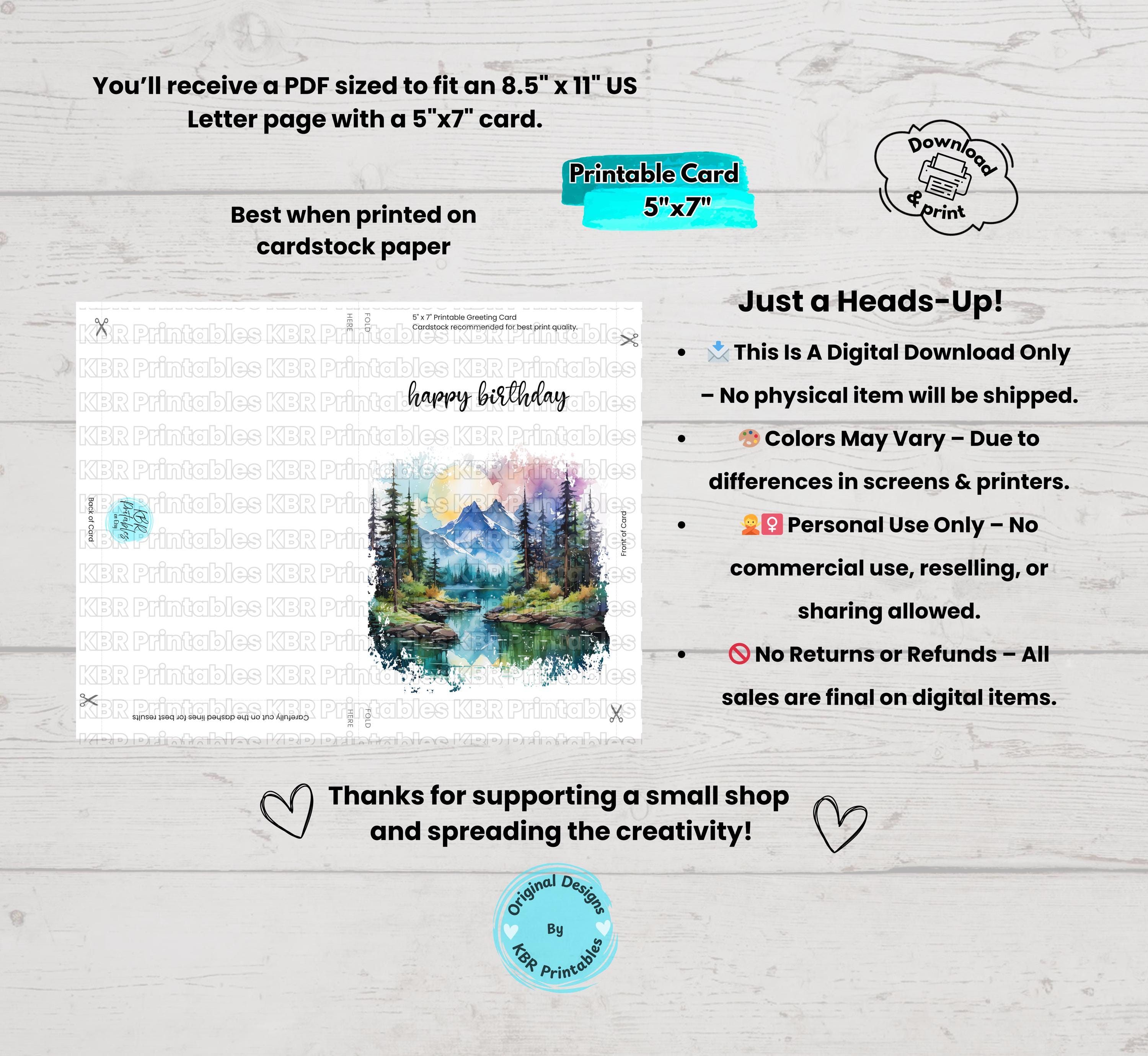 Printable Mountain Birthday Card Digital Download Nature-inspired ...