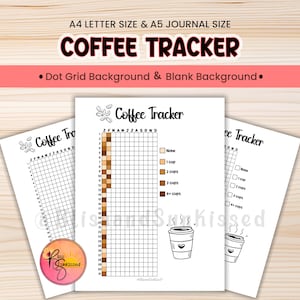Könnte beinhalten: Drei weiße Papier-Kaffee-Tracker mit dem Text "Coffee Tracker" und einem Raster zur Verfolgung des Kaffeekonsums. Oben im Bild steht der Text "A4 LETTER SIZE & A5 JOURNAL SIZE" und "COFFEE TRACKER". Die Tracker haben ein Raster und einen leeren Hintergrund.