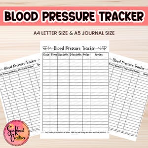 以下が含まれることがあります： 黒いグリッド線と「Blood Pressure Tracker」のテキストが入った3枚の白い血圧トラッカーシート。上部のバナーには、赤と黒で「BLOOD PRESSURE TRACKER」と書かれています。シートはA4とA5サイズです。