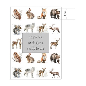 Puede incluir: Una hoja de pegatinas con temática de animales con ilustraciones de acuarela de criaturas del bosque, incluyendo un búho, un conejo, un zorro, un oso, una ardilla, un lobo, un ciervo y un alce. La hoja mide 4 cm de alto y contiene 20 piezas con 10 diseños.