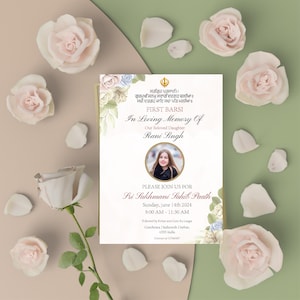 May include: A memorial invitation with floral accents and the text "FIRST BARSI In Loving Memory Of Rani Singh." The invitation includes a photo and details for a prayer service, surrounded by light pink roses and petals.