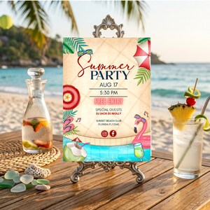 May include: A rectangular Summer Party flyer on a silver metal stand featuring illustrations of a pink flamingo, a coconut drink, and beach items. The text reads Summer Party, Aug 17, 5:30 PM, Free Entry, Special Guests DJ Jack DJ Molly, Sunset Beach Club.