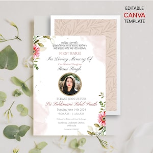 May include: A customizable Canva template for a memorial invitation. The design features floral accents, a photo, and text in English and another language. The invitation is for a First Barsi, in loving memory of Rani Singh.