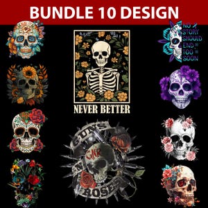 Bundle 10 Design Floral Skull Png, Spooky Png, Skull Clipart, Instant Digital Download, Sublimation Design, Floral Skulls Designs, Funny Png