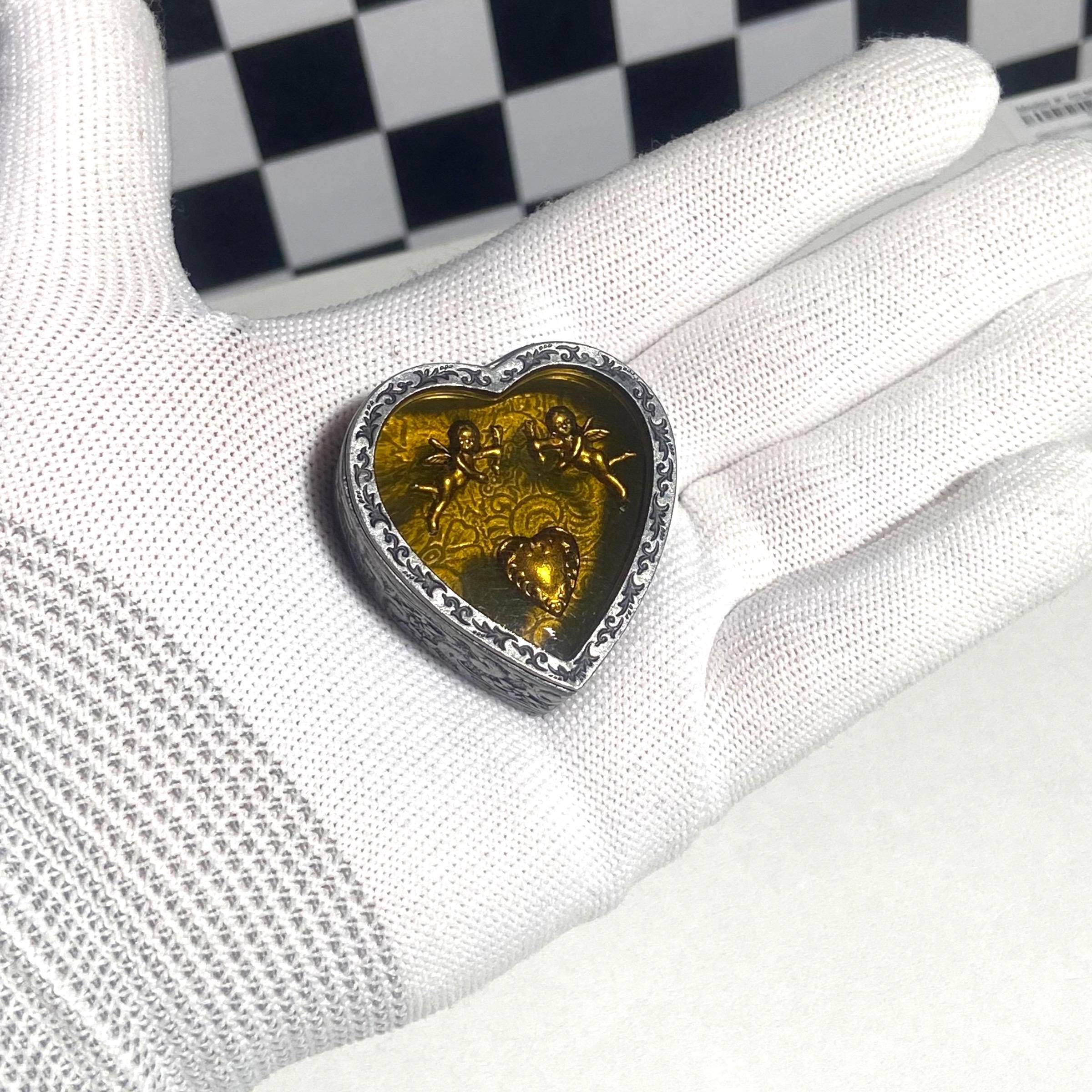 Vintage Silver Tone Metal Trinket Box, Heart Shape Angel Cherub Lid Pill Case, Small Jewelry Holder, Ornate Metal Miniature Keepsake Decor