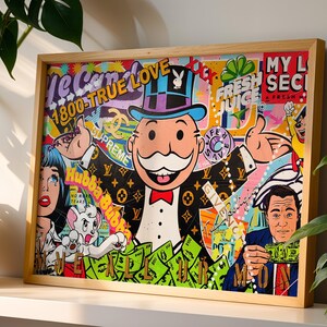 Monopoly Man Designer Graffiti Print | Luxury Brand Street Art Poster | Colorful Cartoon Mashup Decor for Mancave, Bar, or Lounge | Nerds