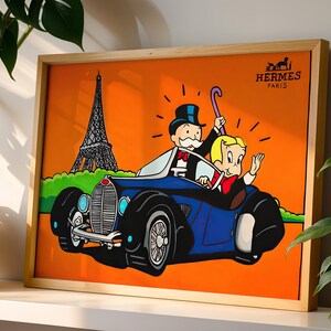 Monopoly Paris Hermès Poster | Cartoon Couple in Bugatti with Eiffel Tower | Luxury Pop Art Print for Mancave Bar Lounge Decor | Home Office