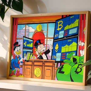 Crypto Monopoly Art Print | Scrooge McDuck & Rich Uncle Pennybags Trading Crypto | Bitcoin Cartoon Poster for Mancave, Office, Games Room