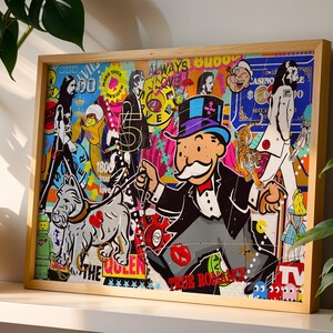 Monopoly Man Pop Art Graffiti Print | Bold Street Art Collage Wall Poster | Colourful Cartoon Mashup Decor for Mancave, Game Room Office