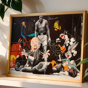 Muhammad Ali vs Looney Tunes Print | Funny Boxing Match Wall Art | Cartoon Mashup Poster for Mancave or Sports Room Decor Nerds Home Office
