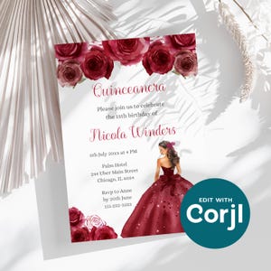 Floral Princess in Red Dress Quinceanera or Sweet 16 Birthday Digital Template
