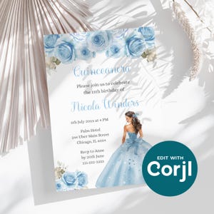 Floral Princess in Light Blue Dress Quinceanera or Sweet 16 Birthday Digital Template