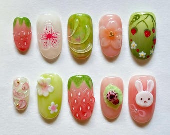 Wedding nails ,3D Flower Handmade Press on nails ,Almond Press On Nails, 3D Gel flower, ombre green color , marle nai ,Dreamy flower nails