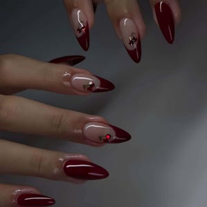 Hochzeitsnägel, 3D Zitrone Handmade Press auf Nägeln, Mandel Press On Nails, 3D Gel Blume, ombre rote Farbe, Mandelnägel, Verträumte Blumennägel