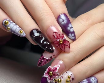 Wedding nails ,3D Flower Handmade Press on nails ,Stiletto Press On Nails, 3D Gel flower, ombre purple color , Stiletto nails ,Dreamy flower