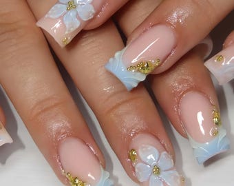 Wedding nails ,3D Flower Handmade Press on nails ,Squoval Press On Nails, 3D Gel flower, ombre blue color , Squoval nails ,Dreamy flower