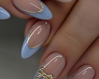 Wedding nails ,3D Lemon Handmade Press on nails ,Almond Press On Nails, 3D Gel flower, ombre blue color , Almond nails ,Dreamy flower nails