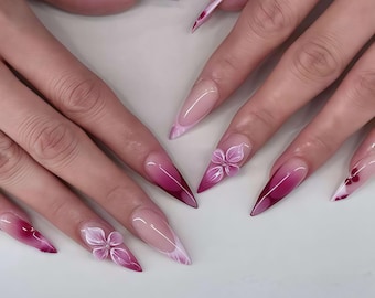 Wedding nails ,3D Flower Handmade Press on nails ,Stiletto Press On Nails, 3D Gel flower, ombre purple color ,Stiletto nails ,Dreamy flower