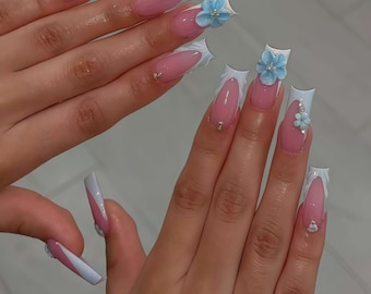 Wedding nails ,3D Flower Handmade Press on nails ,Squoval Press On Nails, 3D Gel flower, ombre blue color , Squoval nails ,Dreamy flower
