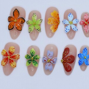 Wedding nails ,3D Flower Handmade Press on nails ,Almond Press On Nails, 3D Gel flower, ombre pink color , marle nai ,Dreamy flower nails