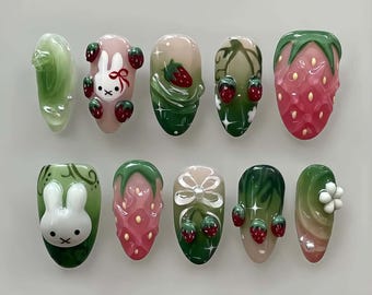Wedding nails ,3D Flower Handmade Press on nails ,Almond Press On Nails, 3D Gel flower, ombre green color , marle nai ,Dreamy flower nails
