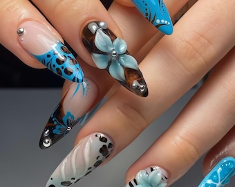 Wedding nails ,3D Blue Flower Handmade Press on nails ,stiletto Press On Nails, 3D Gel flower,stiletto nails ,Dreamy flower