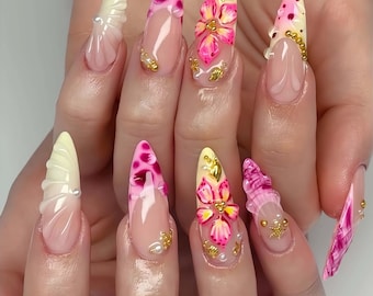 Wedding nails ,3D Flower Handmade Press on nails ,Stiletto Press On Nails, 3D Gel flower, ombre purple color , Stiletto nails ,Dreamy flower