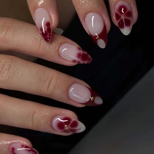 Hochzeitsnägel, 3D Zitrone Handmade Press auf Nägeln, Mandel Press On Nails, 3D Gel Blume, ombre rote Farbe, Mandelnägel, Verträumte Blumennägel
