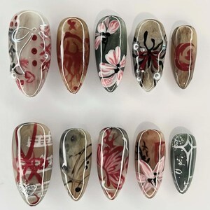 Hochzeitsnägel, 3D-Blüte Handgefertigte Presse auf Nägeln, Mandel-Press-On-Nägel, 3D-Gel-Blume, ombre rote Farbe, Marle Nai, Verträumte Blumennägel