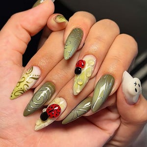Paznokcie ślubne, 3D Lemon Handmade Press on nails, Stiletto Press On Nails, 3D Gel flower, ombre green color, Stiletto nails, Dreamy flower
