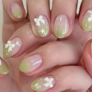 Paznokcie ślubne, 3D Lemon Handmade Press on nails, Natural Press On Nails, 3D Gel flower, ombre green color, Natural nails, Dreamy flower