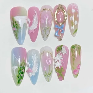 Wedding nails ,3D Flower Handmade Press on nails ,Almond Press On Nails, 3D Gel flower, ombre pink color , marle nai ,Dreamy flower nails