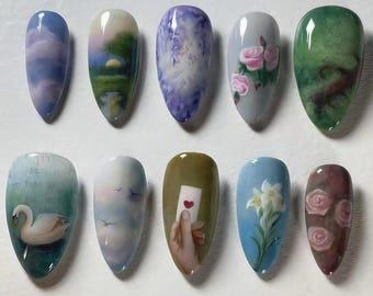 Wedding nails ,3D Flower Handmade Press on nails ,Almond Press On Nails, 3D Gel flower, ombre green color , marle nai ,Dreamy flower nails