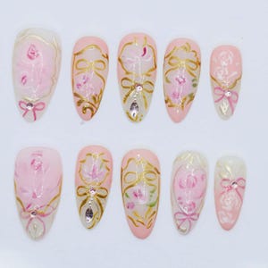 Wedding nails ,3D Flower Handmade Press on nails ,Almond Press On Nails, 3D Gel flower, ombre pink color , marle nai ,Dreamy flower nails