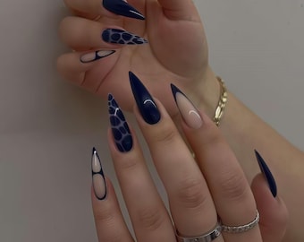 Custom Blue Flower Press on Nails,Tortoiseshell color Nails,Christmas Nails ,Hand-painted Nail Art,Golden Flower Nails