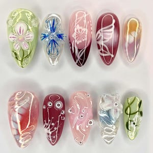 Wedding nails ,3D Flower Handmade Press on nails ,Almond Press On Nails, 3D Gel flower, ombre pink color , marle nai ,Dreamy flower nails