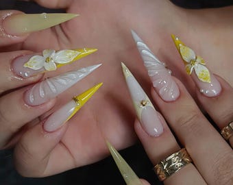 Wedding nails ,3D Lemon Handmade Press on nails ,Stiletto Press On Nails, 3D Gel flower, ombre white color ,Stiletto nails ,Dreamy flower