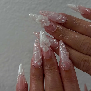 Wedding nails ,3D Lemon Handmade Press on nails ,Stiletto Press On Nails, 3D Gel flower, ombre white color ,Stiletto nails ,Dreamy flower