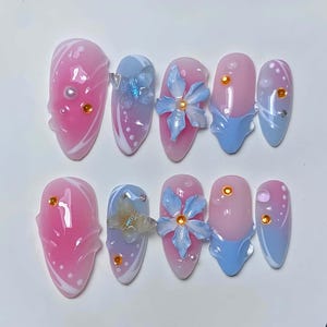 Wedding nails ,3D Flower Handmade Press on nails ,Almond Press On Nails, 3D Gel flower, ombre pink color , marle nai ,Dreamy flower nails