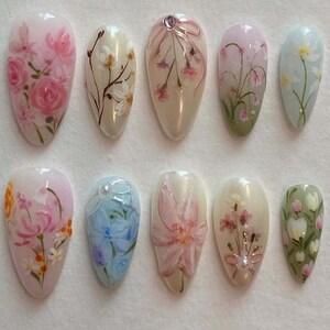 Wedding nails ,3D Flower Handmade Press on nails ,Almond Press On Nails, 3D Gel flower, ombre pink color , marle nai ,Dreamy flower nails