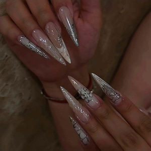 Wedding nails ,3D Lemon Handmade Press on nails ,Stiletto Press On Nails, 3D Gel flower, ombre white color , Stiletto nails ,Dreamy flower