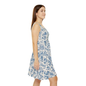 French Toile de Jouy Skater Dress, Vintage Pattern Women&#39;s Dress, Chic Parisian Style Clothing, Floral Printed Sleeveless Dress, Elegant