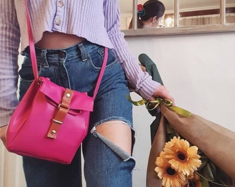 A small  leather purse-  messenger bag Sugar in pink rose color MADE TO ORDER