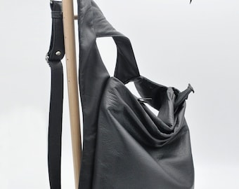 Leather backpack ,slouchy bag,in black leather everyday womens bag ,named Laoura ,made to order.