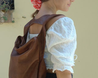 Leather backpack in chocolate brown  ,slouchy bag, shoulder bag,everyday womens bag ,named Laoura ,made to order.