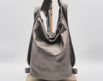 Leather backpack ,slouchy bag,in metallic leather everyday womens bag ,named Laoura ,made to order.